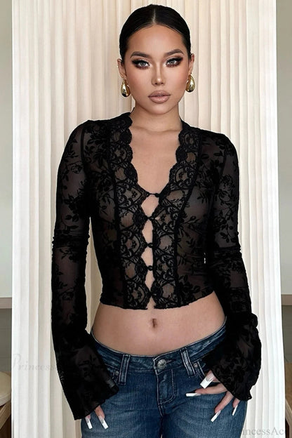 Leopard Print Mesh Lace Trim Blouse