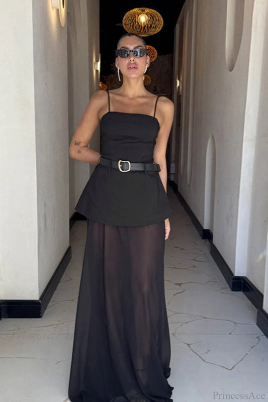 Mesh Cami Panel Slim Maxi Dress
