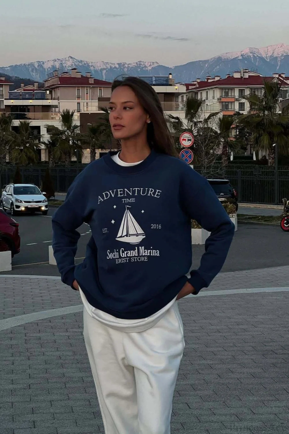 Printed Crew Neck Oversized Long Sleeve Sweatshirt