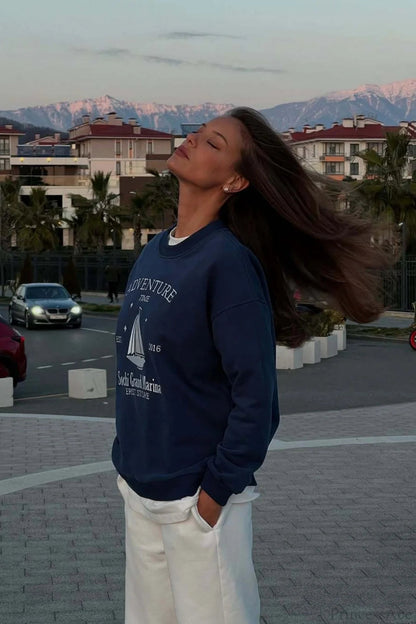 Printed Crew Neck Oversized Long Sleeve Sweatshirt