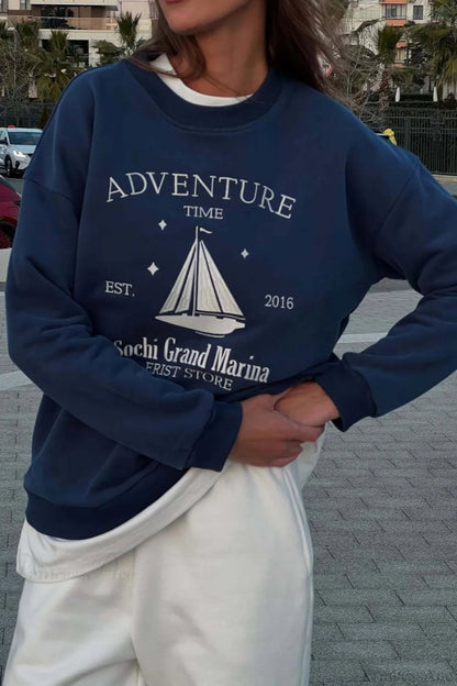 Printed Crew Neck Oversized Long Sleeve Sweatshirt