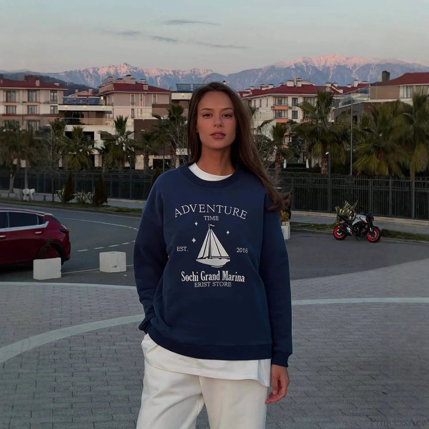 Printed Crew Neck Oversized Long Sleeve Sweatshirt