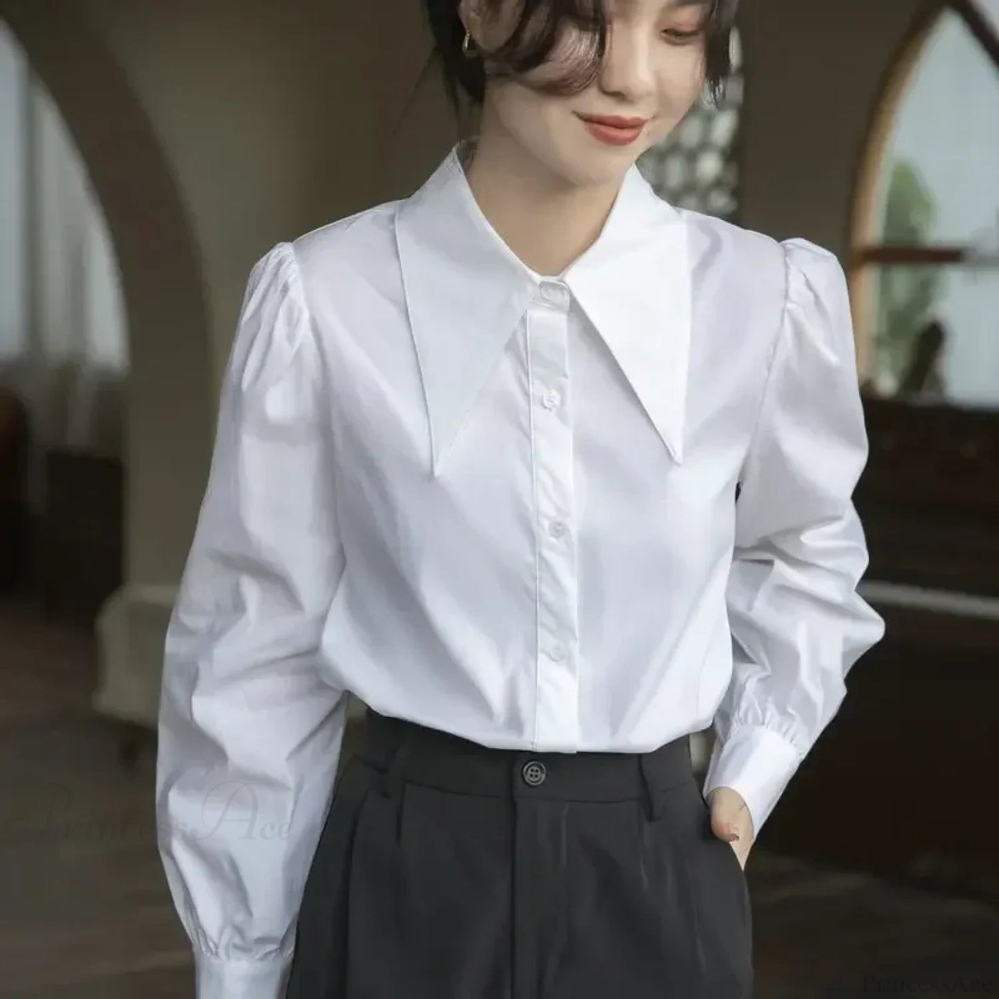 Puff Sleeve Turn Down Collar White Blouse