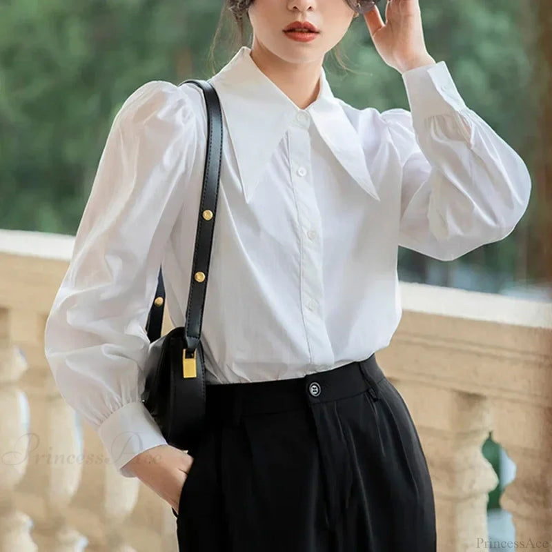 Puff Sleeve Turn Down Collar White Blouse