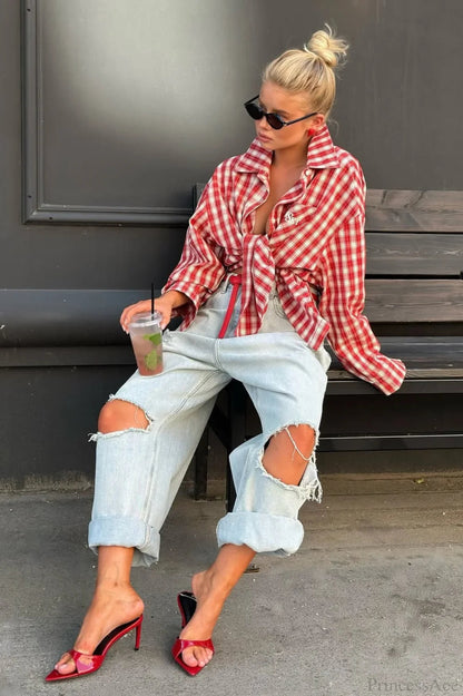 Red Plaid Collared Loose Long Sleeve Blouse