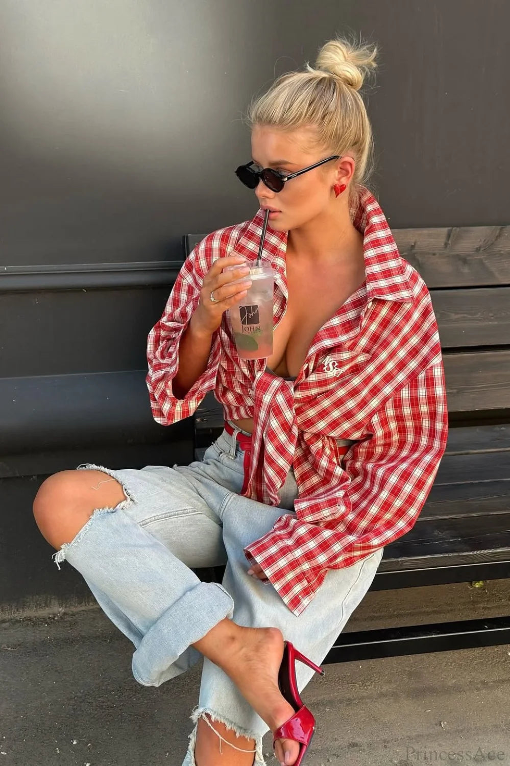 Red Plaid Collared Loose Long Sleeve Blouse