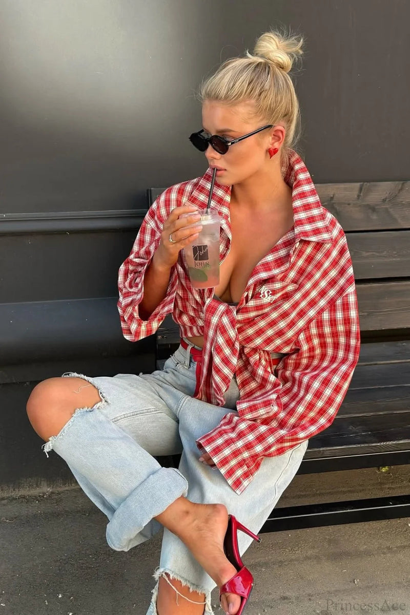 Red Plaid Collared Loose Long Sleeve Blouse