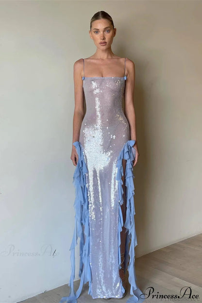 Sheer Sequin Ruffled Slip Maxi Dress