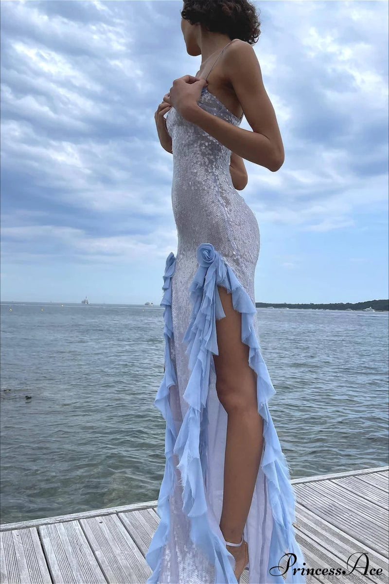 Sheer Sequin Ruffled Slip Maxi Dress