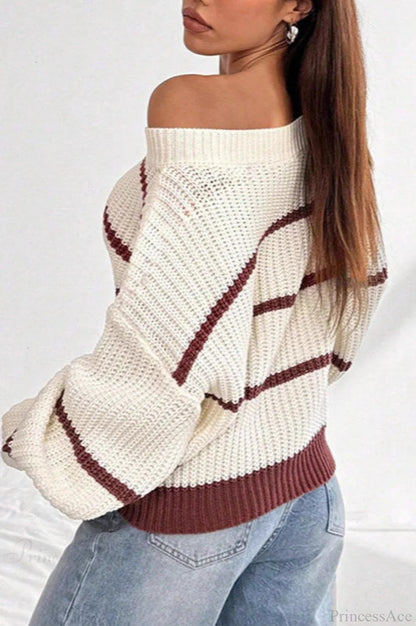 Striped Off Shoulder Lantern Sleeve Knit Sweater