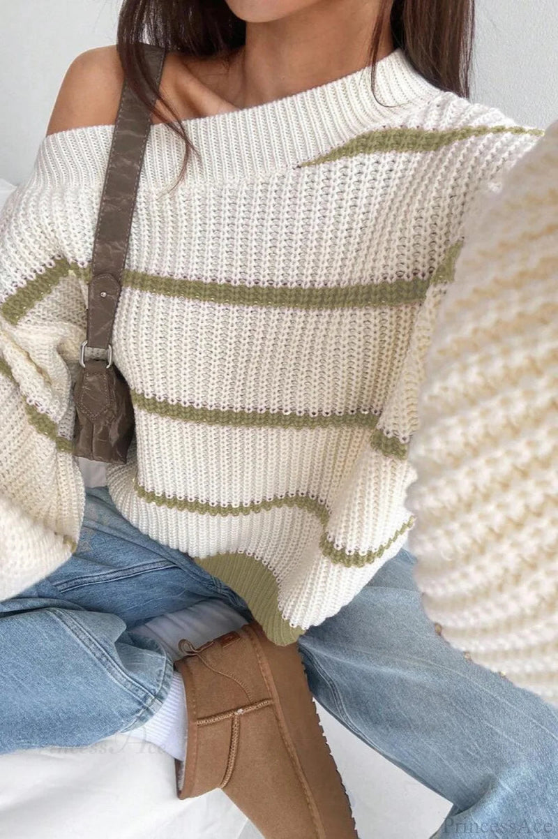 Striped Off Shoulder Lantern Sleeve Knit Sweater