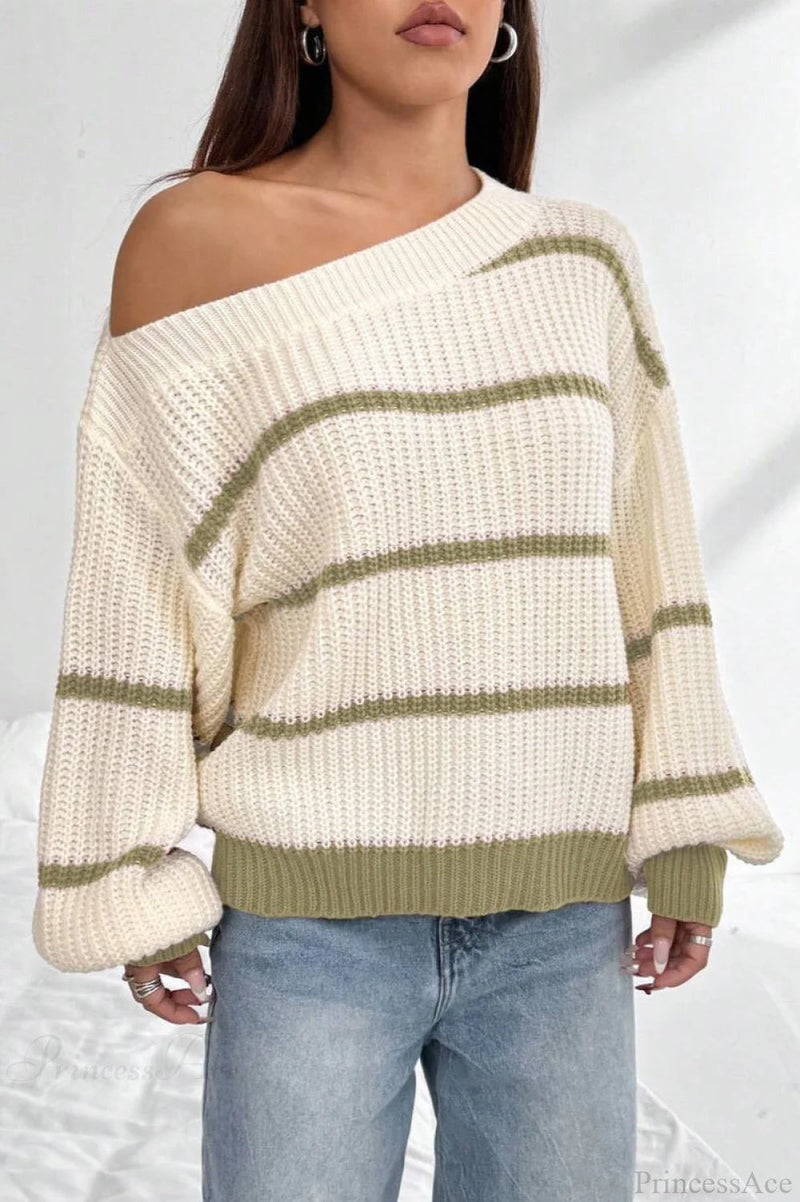 Striped Off Shoulder Lantern Sleeve Knit Sweater