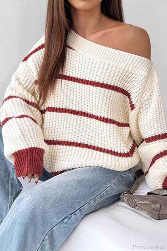 Striped Off Shoulder Lantern Sleeve Knit Sweater