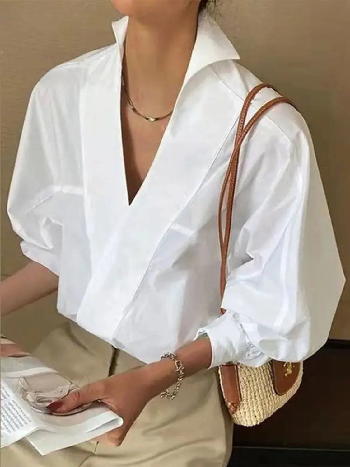 V Neck Puff Sleeve White Blouse