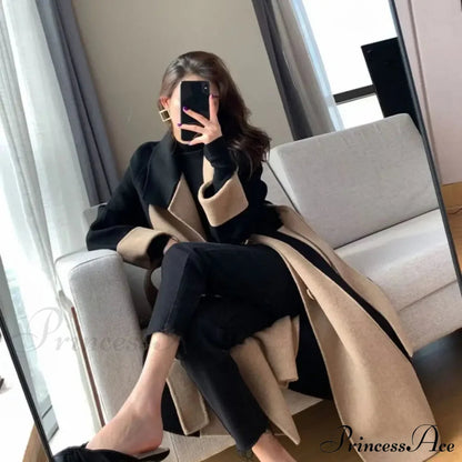 Woolen Patchwork Double-breasted Anti-wrinkle Lapel Winter High Sense Stylish Coat