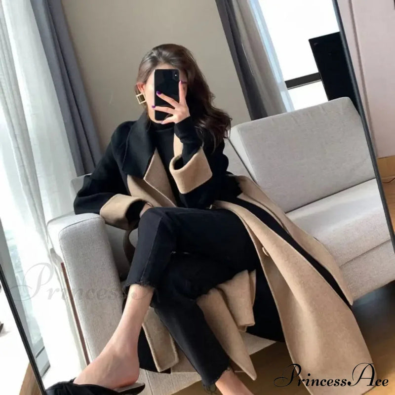 Woolen Patchwork Double-breasted Anti-wrinkle Lapel Winter High Sense Stylish Coat