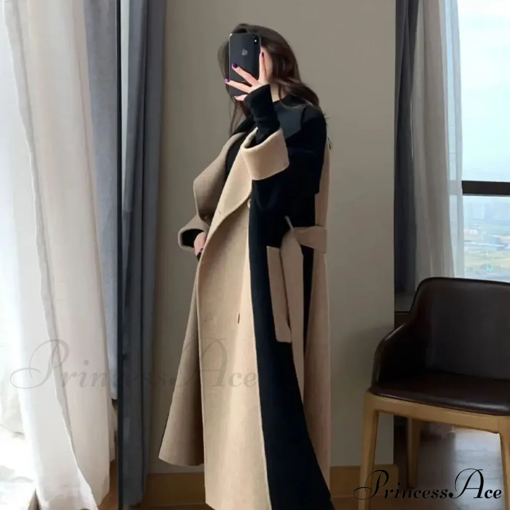 Woolen Patchwork Double-breasted Anti-wrinkle Lapel Winter High Sense Stylish Coat