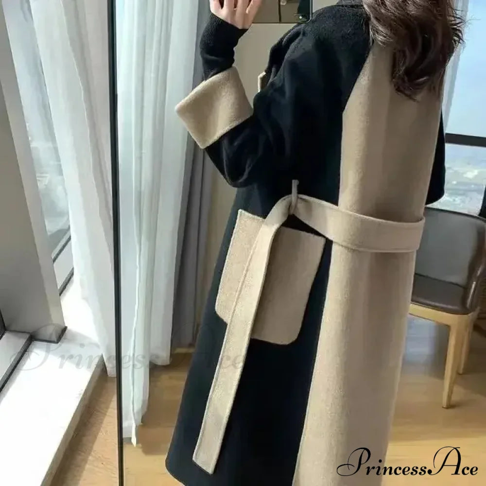 Woolen Patchwork Double-breasted Anti-wrinkle Lapel Winter High Sense Stylish Coat