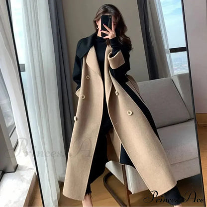 Woolen Patchwork Double-breasted Anti-wrinkle Lapel Winter High Sense Stylish Coat