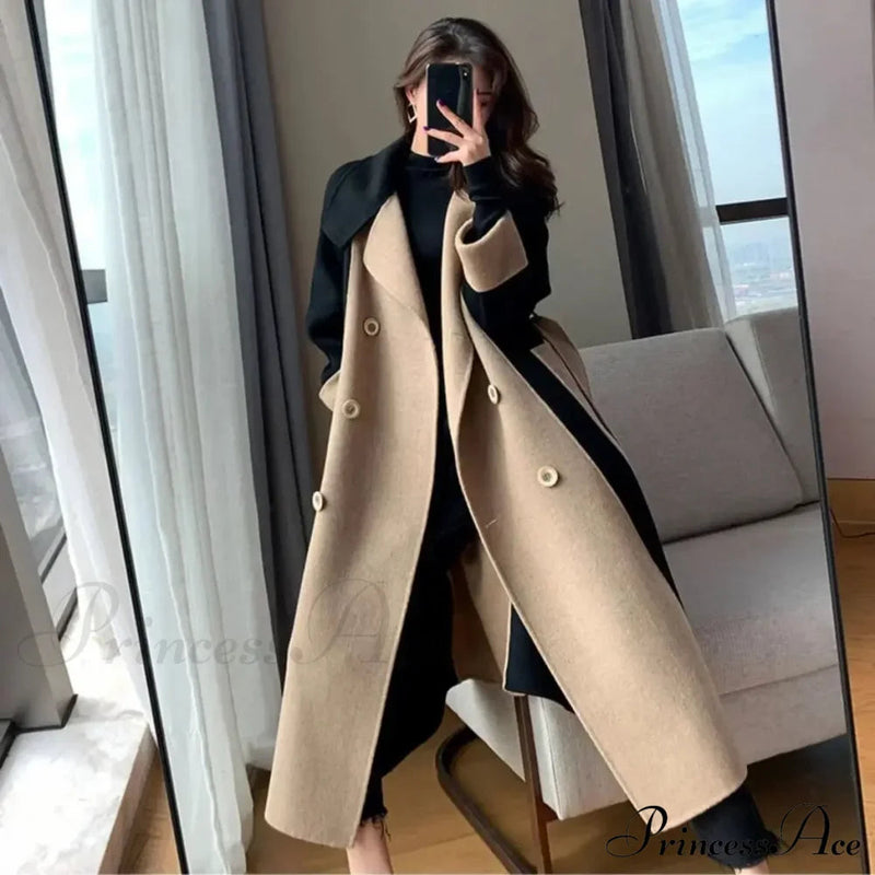 Woolen Patchwork Double-breasted Anti-wrinkle Lapel Winter High Sense Stylish Coat