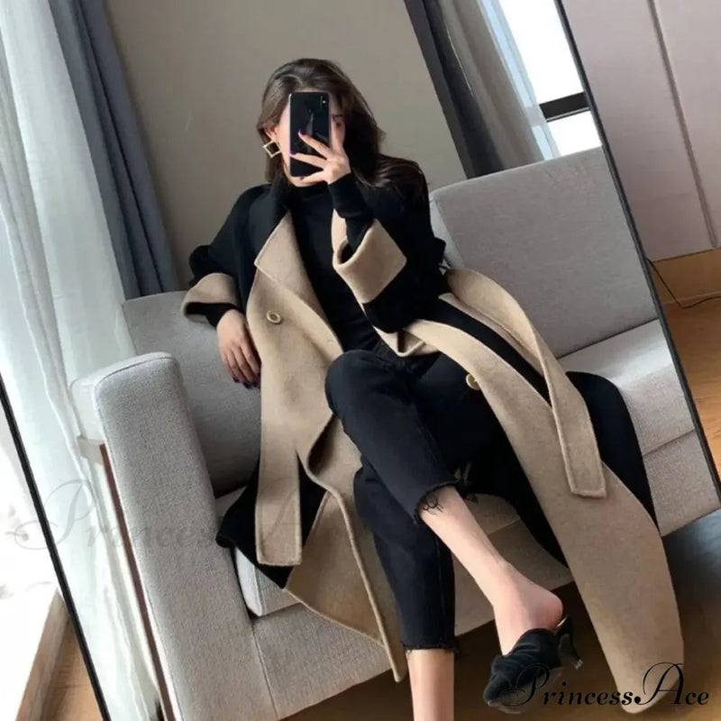 Woolen Patchwork Double-breasted Anti-wrinkle Lapel Winter High Sense Stylish Coat