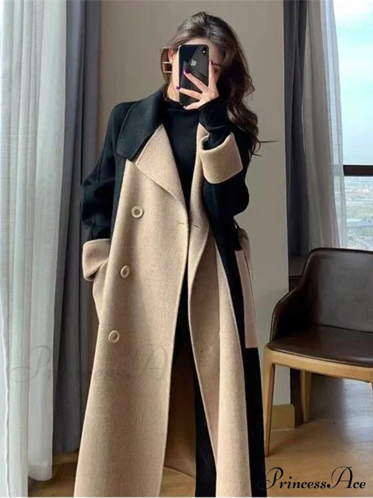 Woolen Patchwork Double-breasted Anti-wrinkle Lapel Winter High Sense Stylish Coat