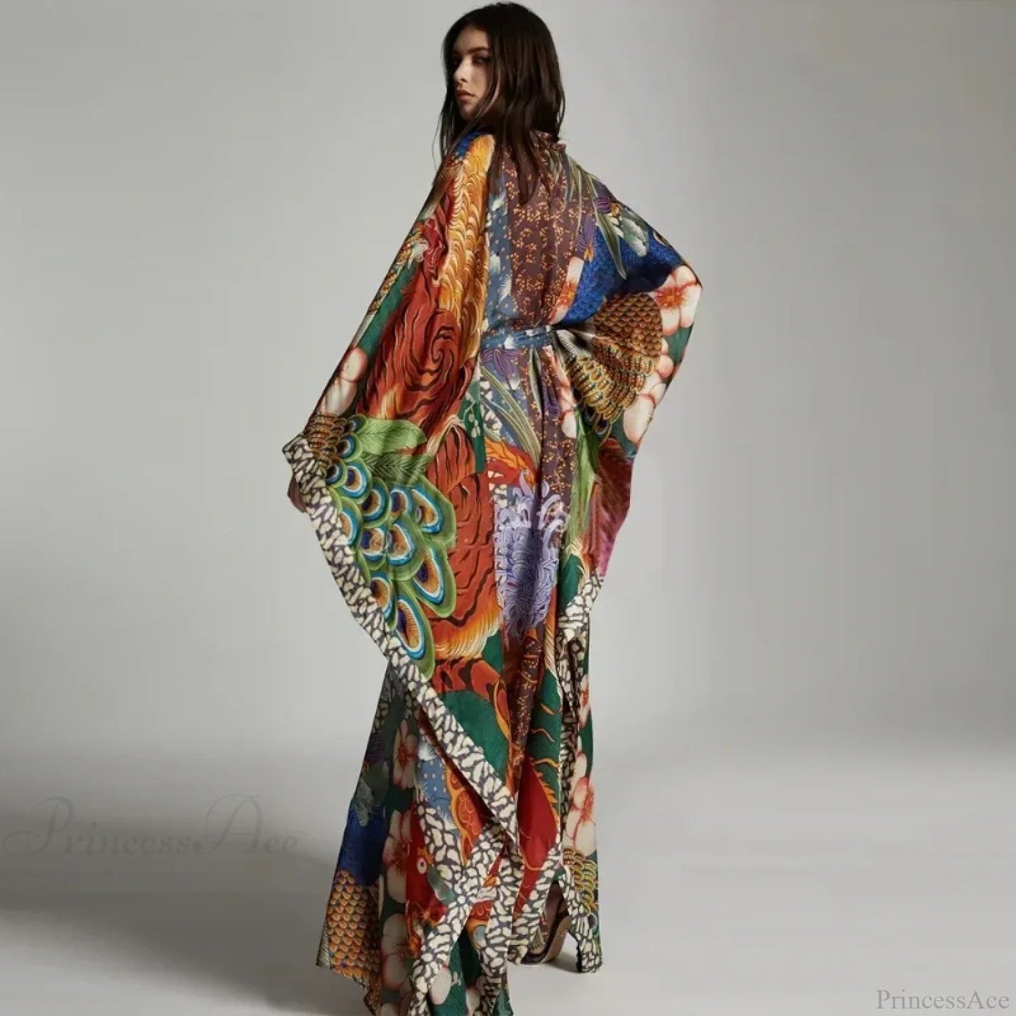 Chiffon Peacock Pattern Long Cardigan Cover Up
