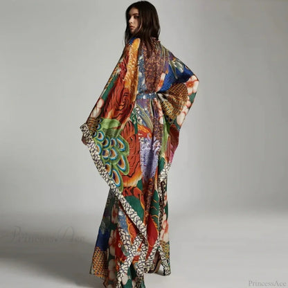 Chiffon Peacock Pattern Long Cardigan Cover Up