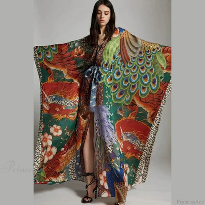 Chiffon Peacock Pattern Long Cardigan Cover Up