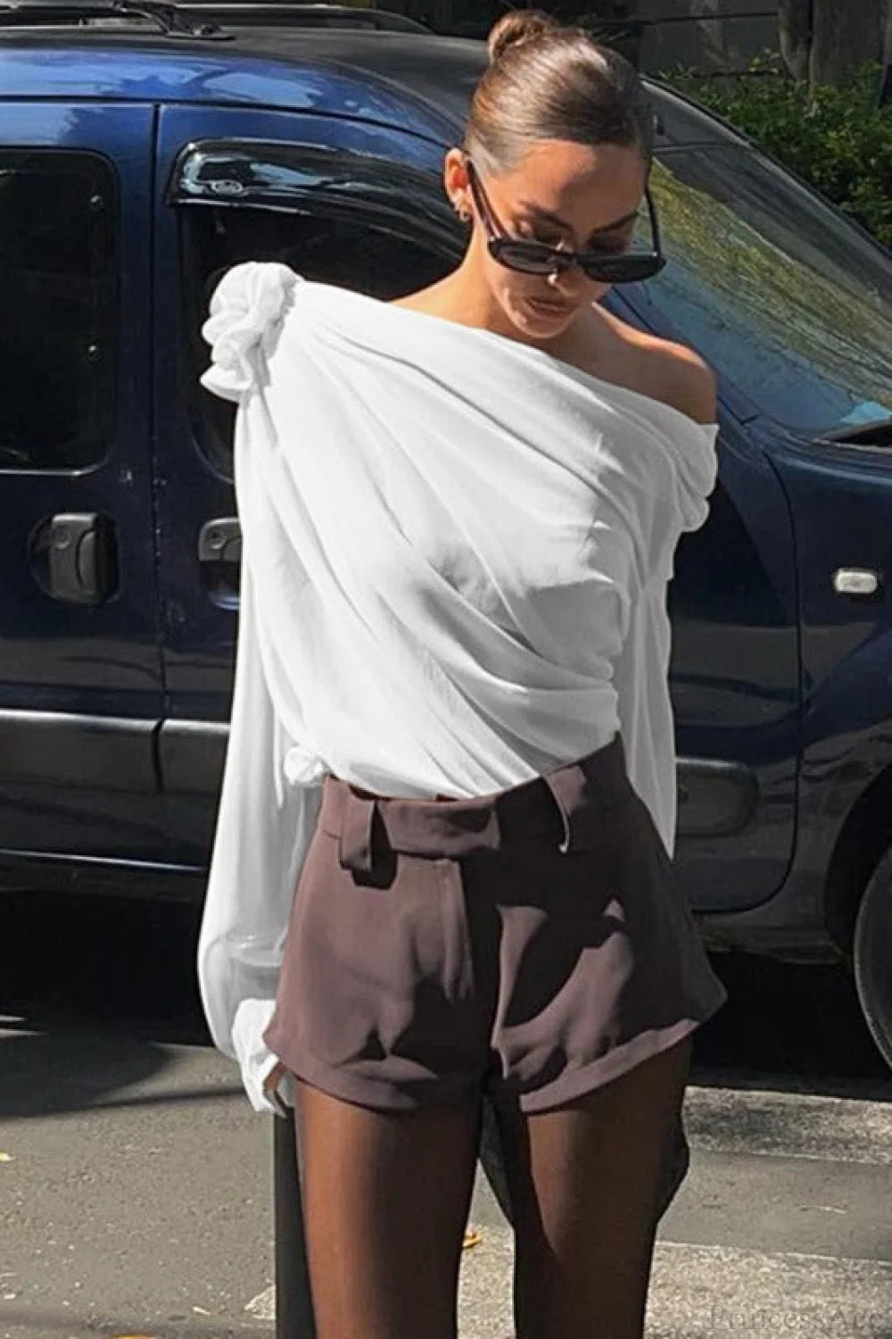 Chiffon Off-the-shoulder Fitted Blouse