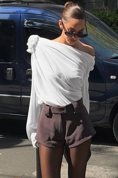 Chiffon Off-the-shoulder Fitted Blouse