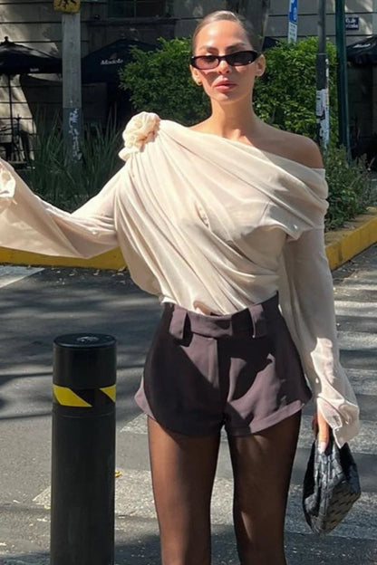 Chiffon Off-the-shoulder Fitted Blouse