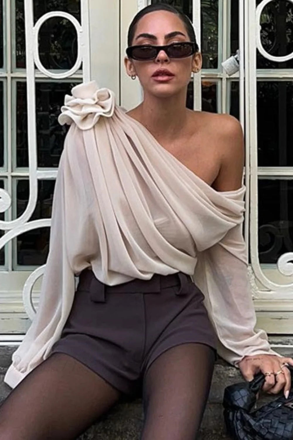 Chiffon Off-the-shoulder Fitted Blouse