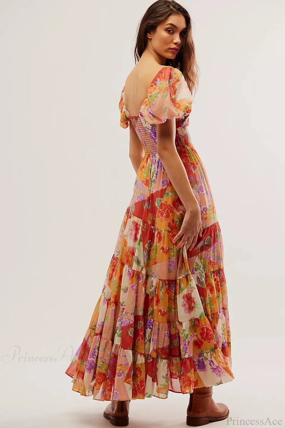 Chiffon Maxi Dress Print Puff Sleeve