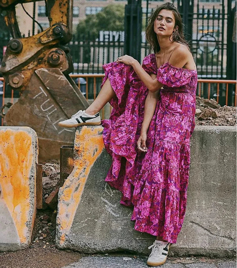 Chiffon Maxi Dress Print Puff Sleeve