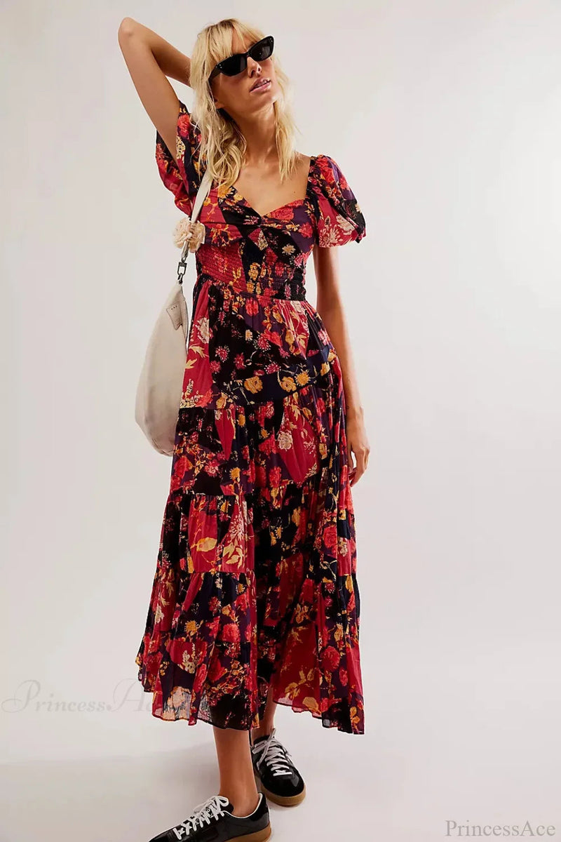 Chiffon Maxi Dress Print Puff Sleeve