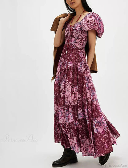 Chiffon Maxi Dress Print Puff Sleeve