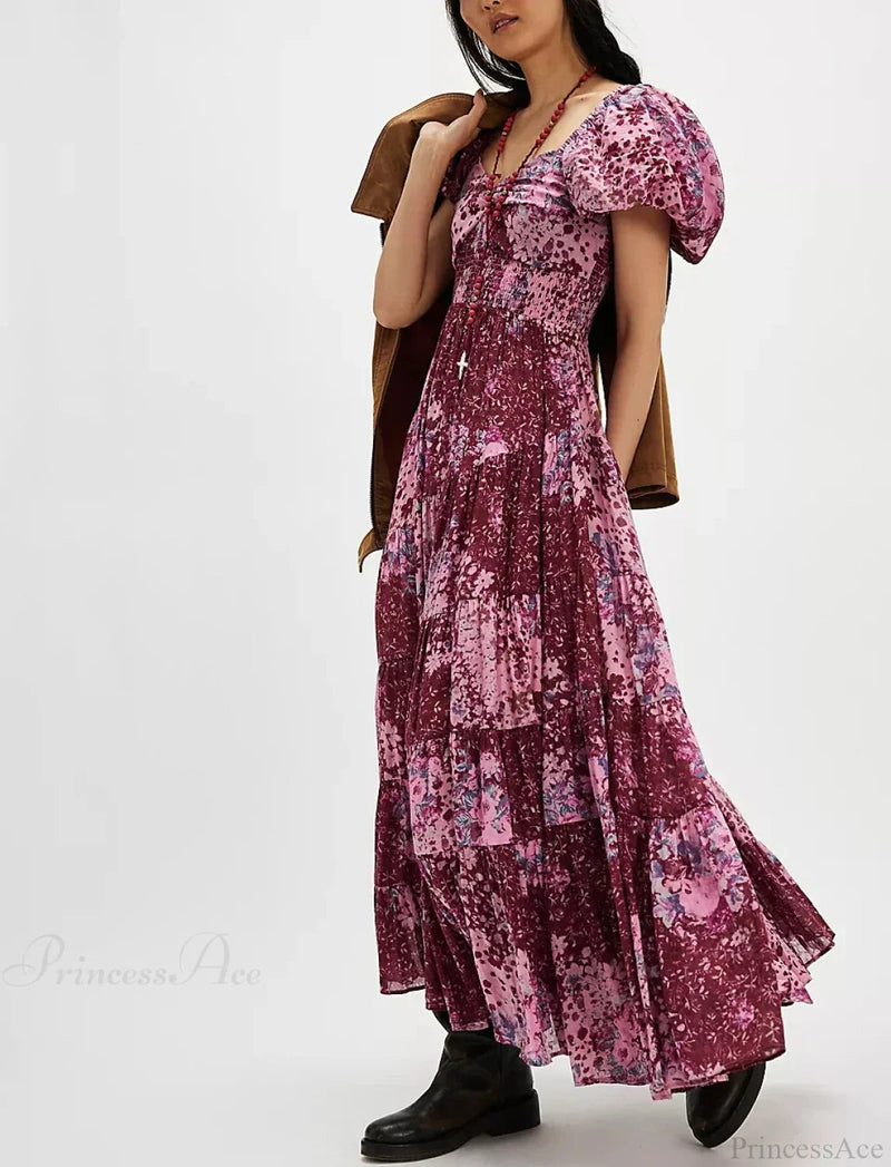 Chiffon Maxi Dress Print Puff Sleeve