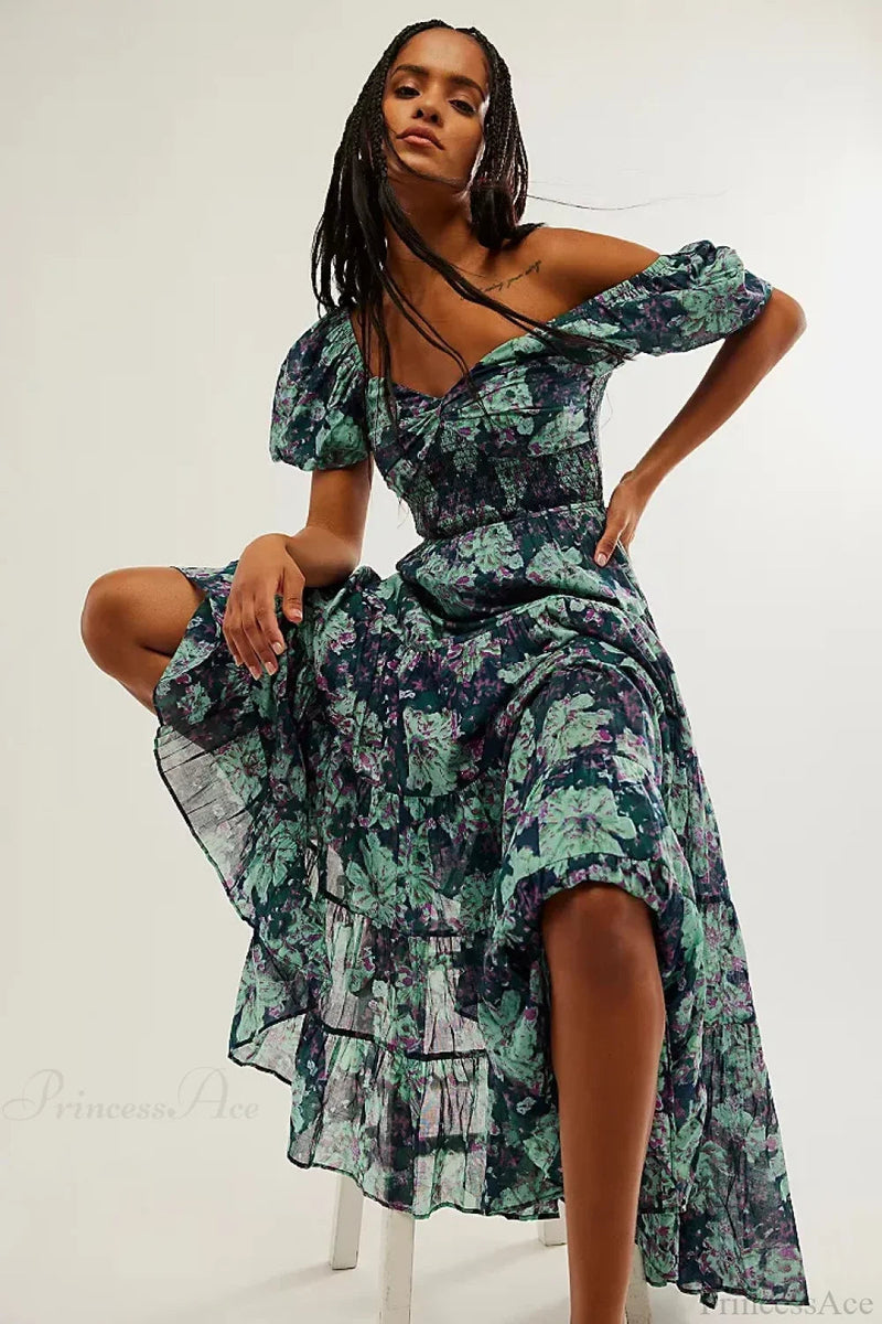 Chiffon Maxi Dress Print Puff Sleeve