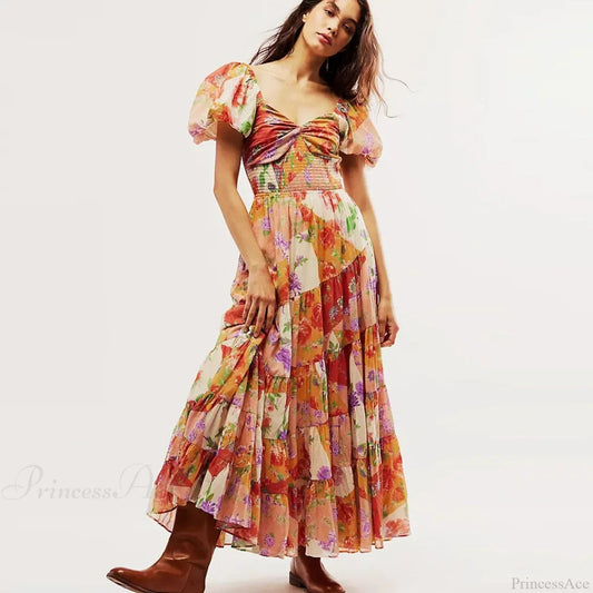 Chiffon Maxi Dress Print Puff Sleeve