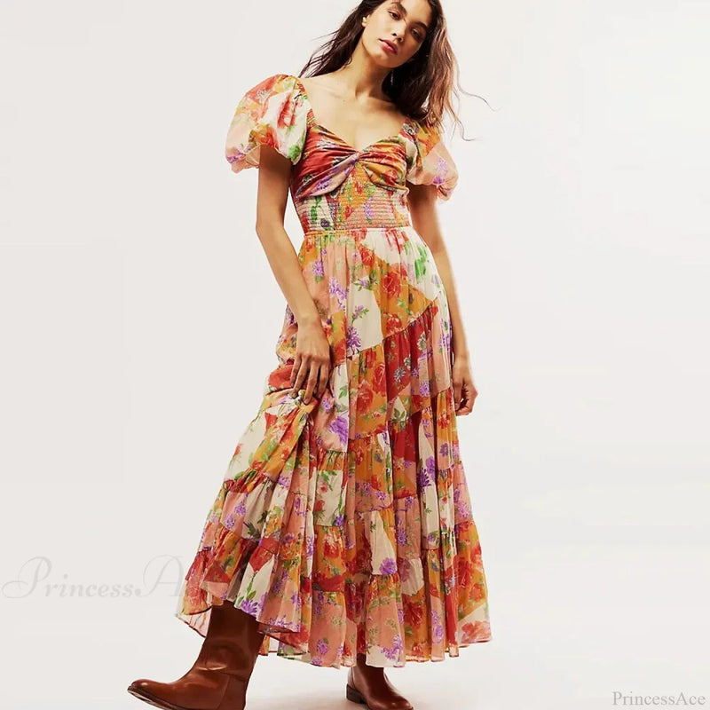 Chiffon Maxi Dress Print Puff Sleeve