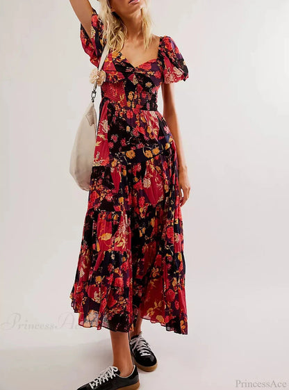 Chiffon Maxi Dress Print Puff Sleeve
