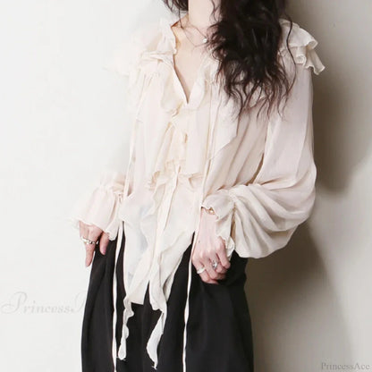 Chiffon Ruffles Bow Tie Long Sleeve Blouse