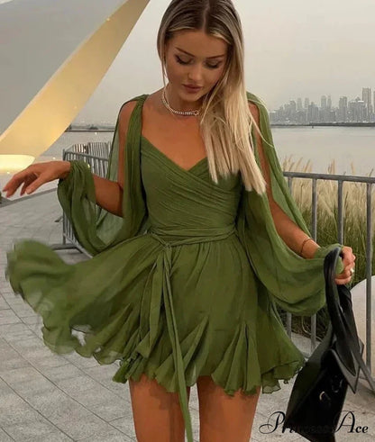 Chiffon Slit Long Sleeve Graceful Lace Up Mini Dress
