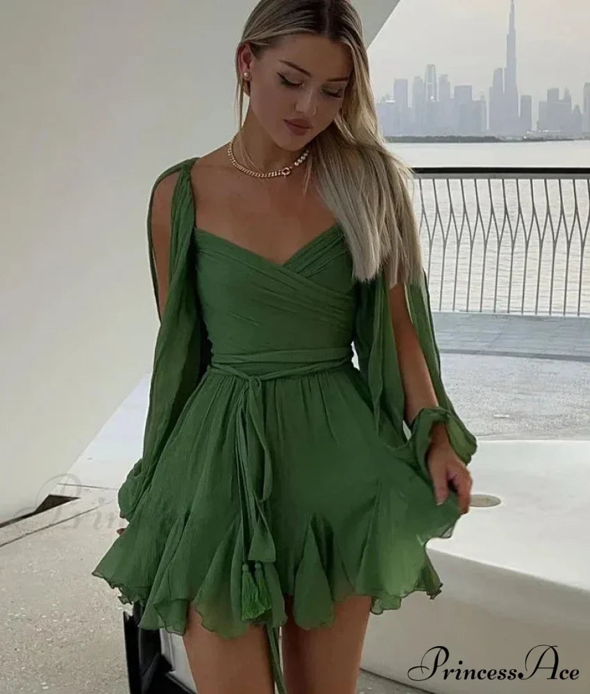 Chiffon Slit Long Sleeve Graceful Lace Up Mini Dress