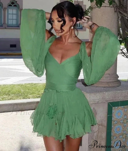 Chiffon Slit Long Sleeve Graceful Lace Up Mini Dress