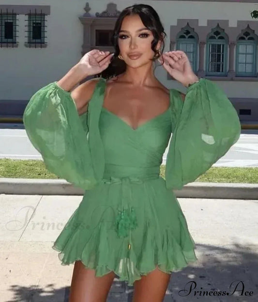 Chiffon Slit Long Sleeve Graceful Lace Up Mini Dress