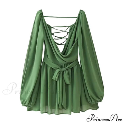 Chiffon Slit Long Sleeve Graceful Lace Up Mini Dress