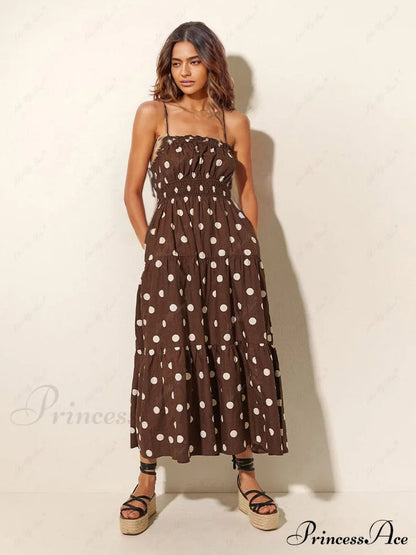 Chocolate and Ivory Polka Dot Print Pleated Elastic Strap Dress