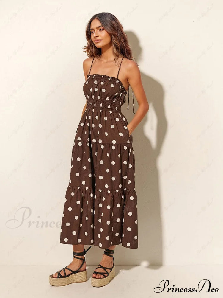 Chocolate and Ivory Polka Dot Print Pleated Elastic Strap Dress